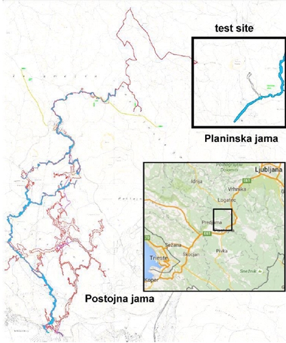 Fig. 2 Map of test site above Postojna - Planina cave system